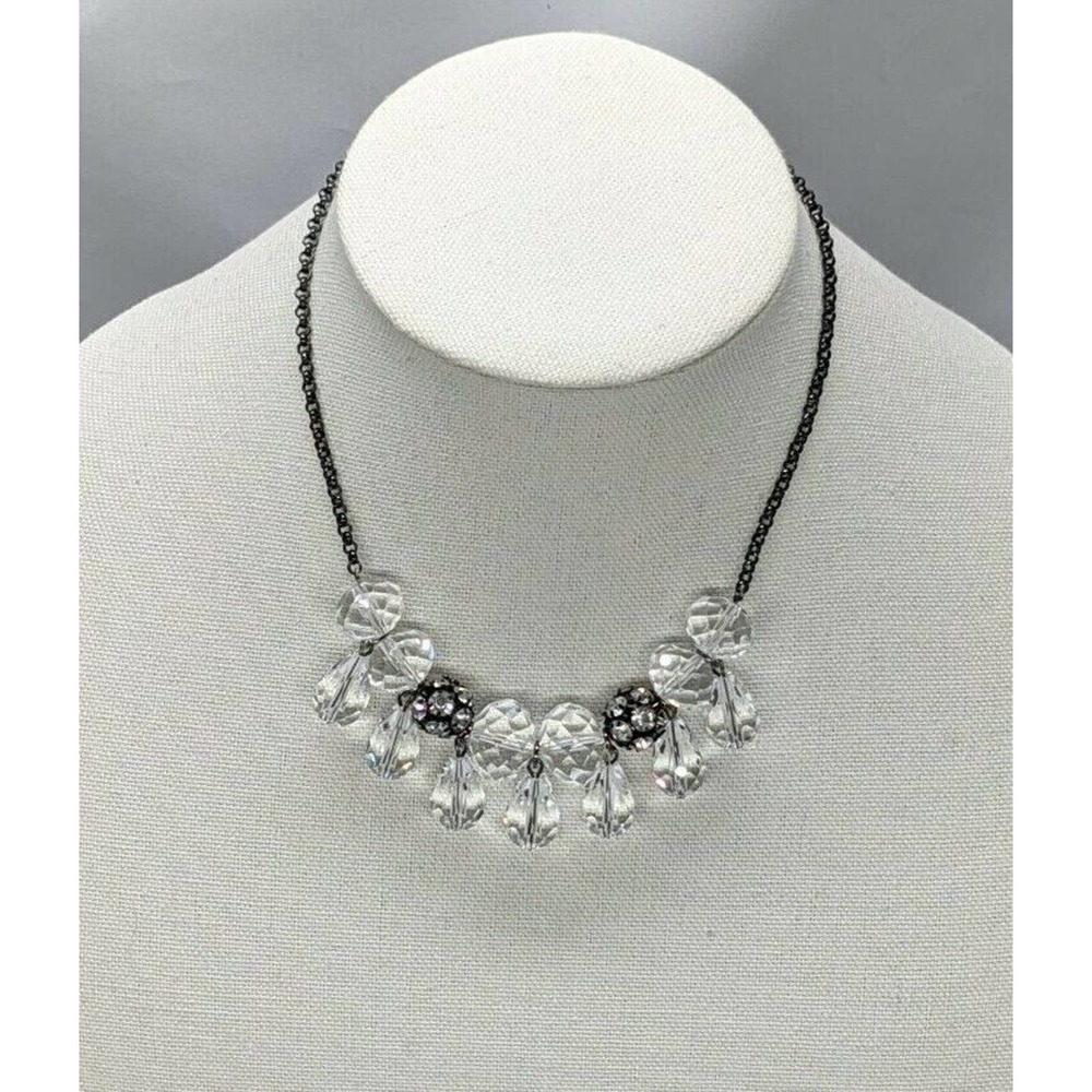 Liz Claiborne Chunky Clear Black Faceted Bead Statement Necklace Drop Dangle